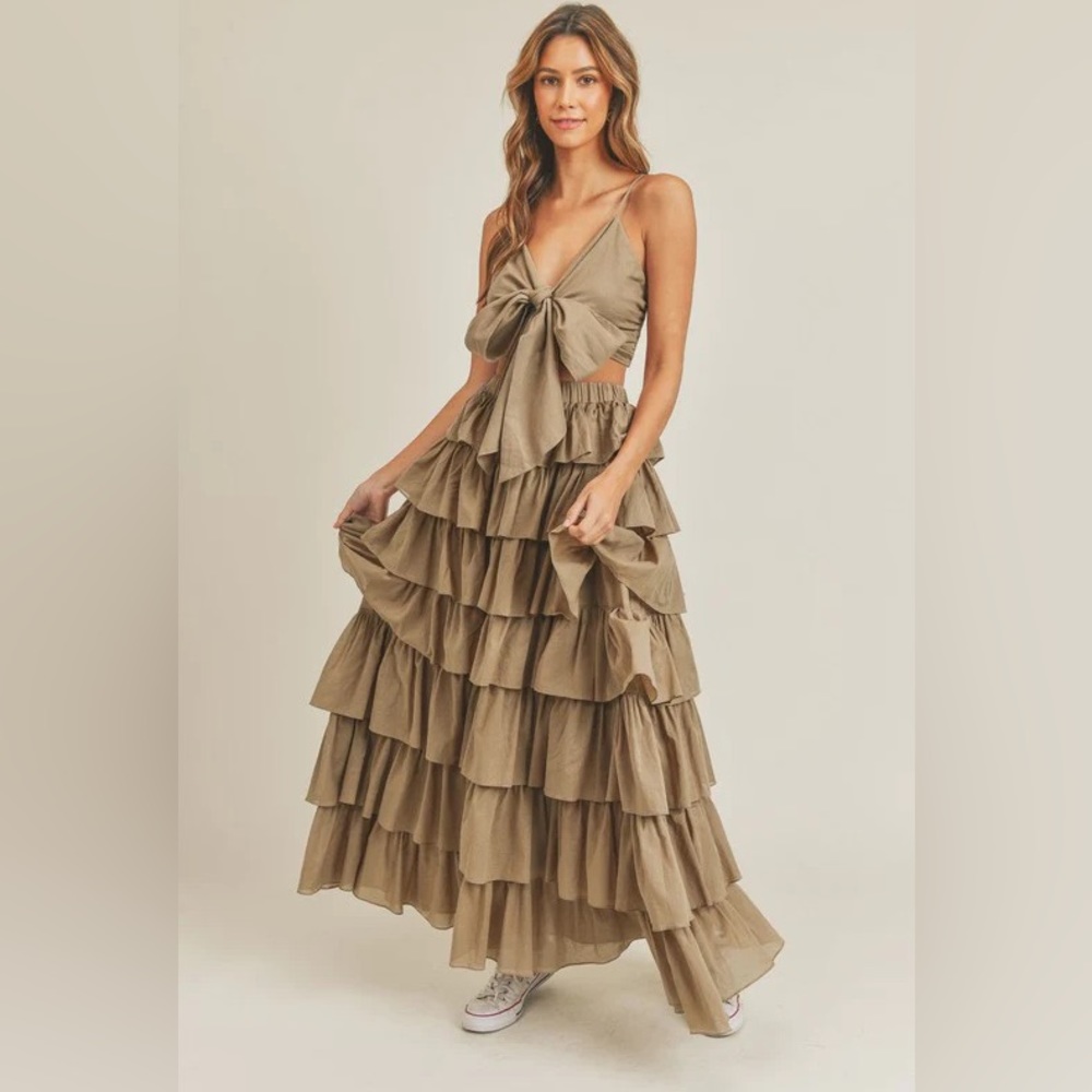 Tie Front Top and Ruffle Maxi Skirt Set